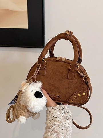 Vintage Suede Crossbody Bag For Women Retro Bowling Handbag With Plush Dog Pendant Metal Rivets Fashion Shoulder Bag