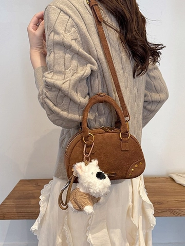 Vintage Suede Crossbody Bag For Women Retro Bowling Handbag With Plush Dog Pendant Metal Rivets Fashion Shoulder Bag