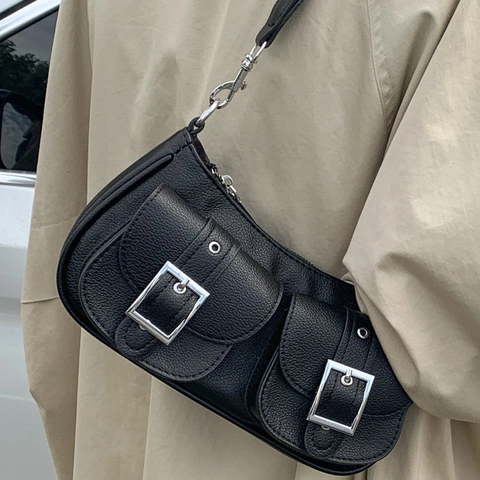 Women Vintage PU Leather Underarm Bag Retro Lychee Texture Shoulder Bag With Dual Pockets Minimalist Solid Color Commuter Handbag