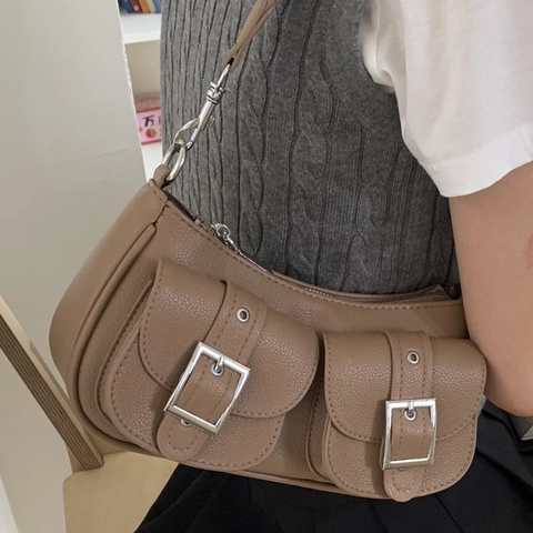Women Vintage PU Leather Underarm Bag Retro Lychee Texture Shoulder Bag With Dual Pockets Minimalist Solid Color Commuter Handbag