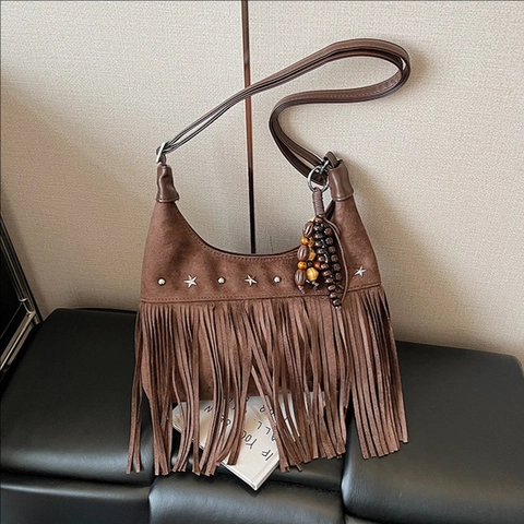 Women Retro Suede Tassel Crossbody Bag Bohemian Dumpling Underarm Shoulder Bag With Star Rivets And Wooden Beads Pendant