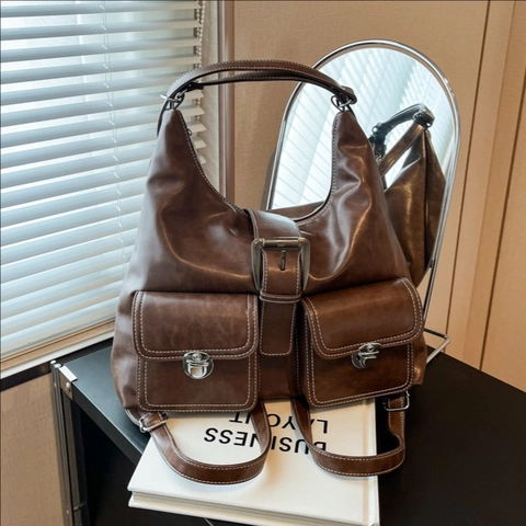 Borsa Tote da Donna in Pelle PU Retrò Grande Capacità Borsa a Spalla Multifunzionale Zaino Vintage con Tasche Multiple