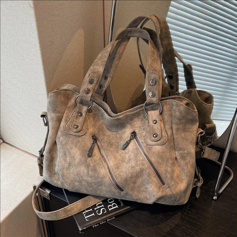 Bolso Tote Vintage de Gran Capacidad para Mujer Cuero PU Textura Lavada Bolso de Hombro con Remaches y Cremalleras