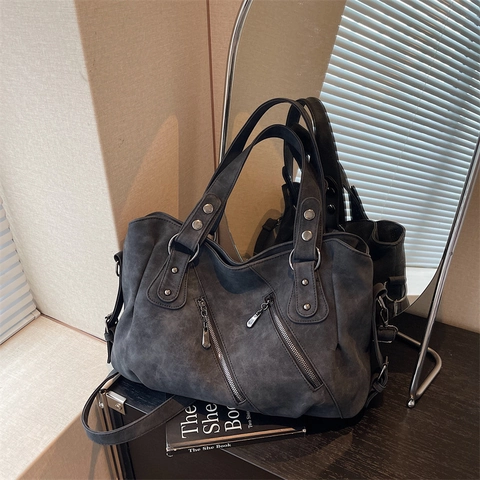 Bolso Tote Vintage de Gran Capacidad para Mujer Cuero PU Textura Lavada Bolso de Hombro con Remaches y Cremalleras