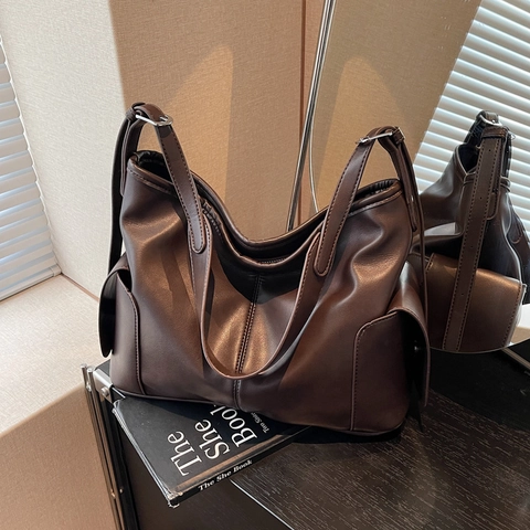 Borsa Tote in Pelle PU Retro Grande Capacità per Donna Borsa a Tracolla Hobo Vintage Con Tasche Laterali Moda Pendolare