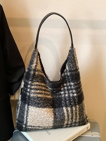 Borsa Tote in Lana a Quadri da Donna Grande Capacità Autunno Inverno Casual Pendolare Borsa a Tracolla Hobo a Contrasto