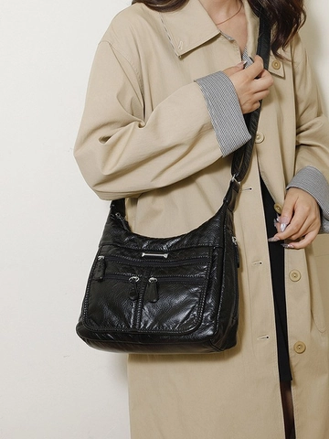Sac à Bandoulière Vintage en Cuir PU Souple pour Femmes avec Plusieurs Poches Grande Capacité Fonctionnel Décontracté Sac Cabas Épaule Bandoulière Réglable