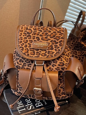 Mochila Retro con Estampado de Leopardo para Mujer Moda de Cuero PU Empalmada Mochila Pequeña con Múltiples Bolsillos Diario