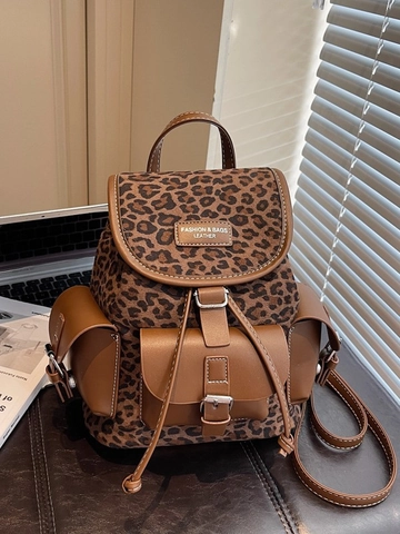 Mochila Retro con Estampado de Leopardo para Mujer Moda de Cuero PU Empalmada Mochila Pequeña con Múltiples Bolsillos Diario