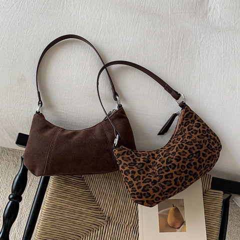 Women Retro Matte PU Leather Hobo Bag Suede Texture Leopard Print Half Moon Shoulder Bag Dumpling Bag For Daily Commuting