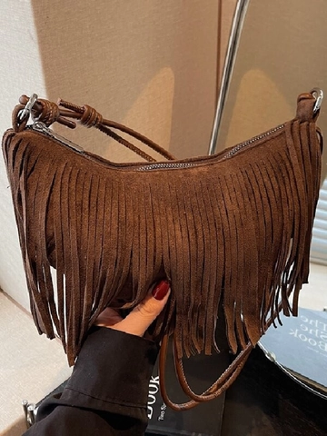 Borsa a Spalla Mezzaluna Donna Vintage con Frange Borsa a Tracolla in Pelle PU Effetto Scamosciato Tracolla Annodata Bohémien