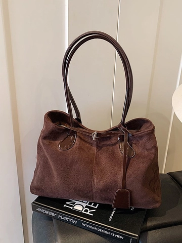 Borsa Tote Vintage in Similpelle Scamosciata Grande Capacità Donna Retro Borsa a Spalla Opaca Autunno Inverno Pendolare