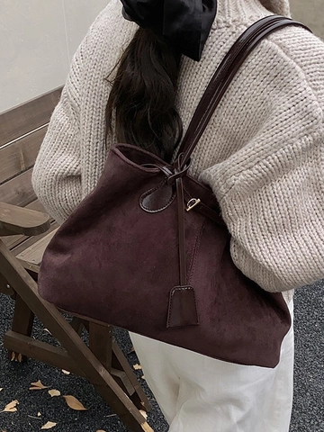 Borsa Tote Vintage in Similpelle Scamosciata Grande Capacità Donna Retro Borsa a Spalla Opaca Autunno Inverno Pendolare
