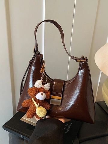 Women Retro PU Leather Hobo Crossbody Bag Vintage Glossy Underarm Bag With Bear Pendant Magnetic Buckle Commuter Handbag