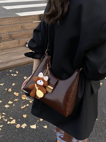 Women Retro PU Leather Hobo Crossbody Bag Vintage Glossy Underarm Bag With Bear Pendant Magnetic Buckle Commuter Handbag