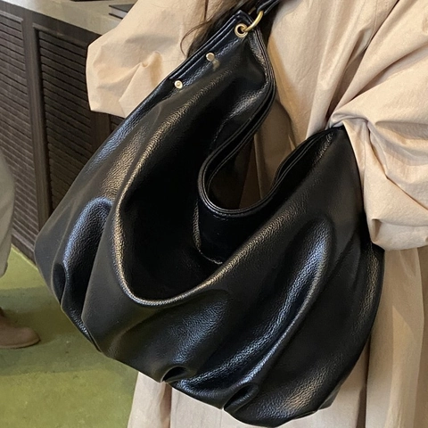 Damen Große Kapazität PU Leder Hobo Tragetasche Urban Minimalistisch Weiche Litschitextur Schultertasche Nieten Detail Handtasche
