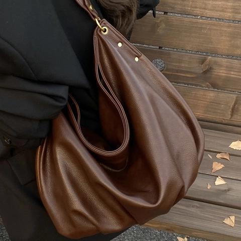 Damen Große Kapazität PU Leder Hobo Tragetasche Urban Minimalistisch Weiche Litschitextur Schultertasche Nieten Detail Handtasche