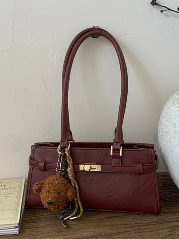 Retro Damen Achseltasche PU Leder Minimalistische Umhängetasche Mit Bären Anhänger Metallschloss Mode Vielseitige Kleine Handtasche