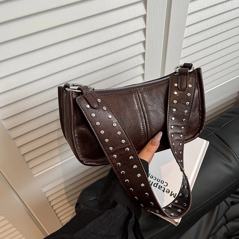 Retro PU Leather Underarm Bag For Women With Rivet Wide Strap Solid Color Small Square Shoulder Crossbody Bag Daily Handbag