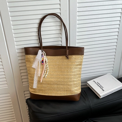 Borsa Tote in Paglia Intrecciata di Grande Capacità Donna Borsa a Spalla Estiva per Spiaggia Con Finiture in Pelle Artificiale