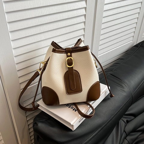 Bolso de Cubo de Color de Contraste de Moda Para Mujer Bolso de Hombro de Cuero PU Retro Con Grano de Guijarro
