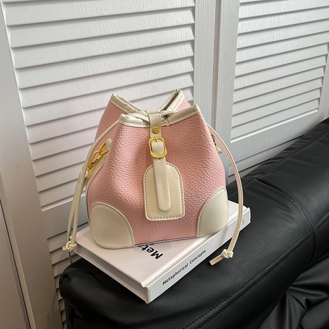 Bolso de Cubo de Color de Contraste de Moda Para Mujer Bolso de Hombro de Cuero PU Retro Con Grano de Guijarro