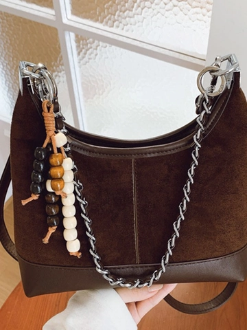 Vintage Τσάντα Hobo από Συνθετικό Σουέτ και PU Δέρμα για Γυναίκες Μεταλλική Αλυσίδα Ξύλινες Χάντρες Τσάντα Χιαστί