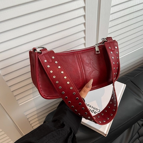 Retro PU Leather Underarm Bag For Women With Rivet Wide Strap Solid Color Small Square Shoulder Crossbody Bag Daily Handbag