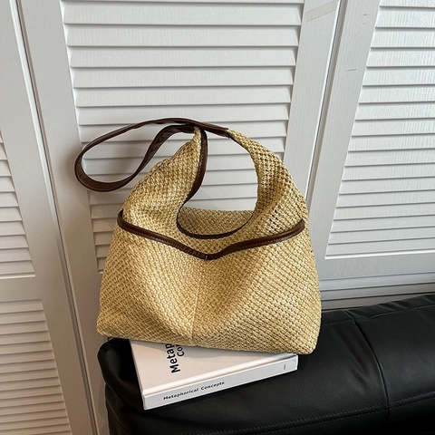 Small Design Stroh Gewebt Umhängetasche Damen Sommer Große Kapazität Handtasche Freizeit Pendler Tote Für Urlaub Strandtasche
