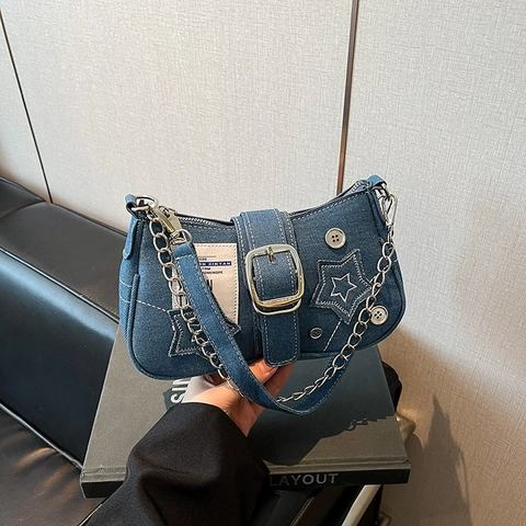 Dames Y2K Denim Ster Schoudertas Vintage Street Fashion Ketting Onderarmtas Denim Maanvormige Handtas Voor Dames