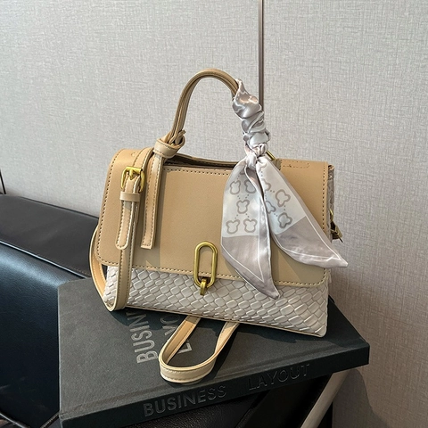 Damen Webstruktur PU Leder Handtasche Mode Seidenschal Griff Quadratisch Umhängetasche Für Den Täglichen Weg Stilvolle Handtasche