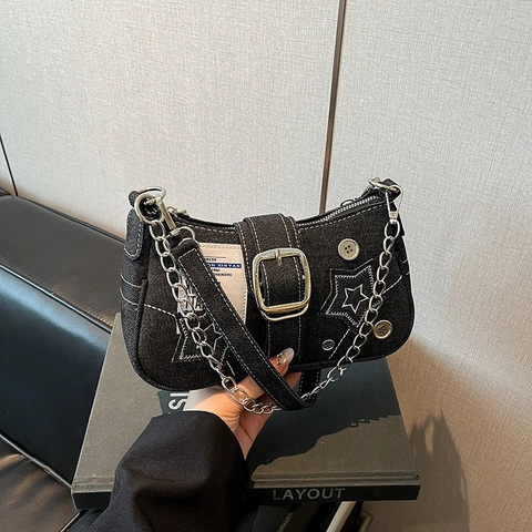 Dames Y2K Denim Ster Schoudertas Vintage Street Fashion Ketting Onderarmtas Denim Maanvormige Handtas Voor Dames