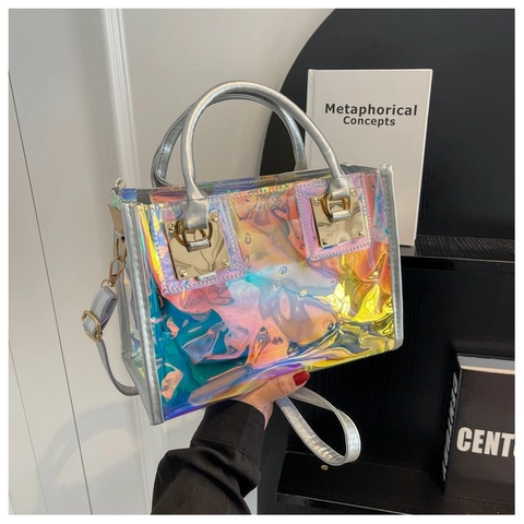 Fashion Laser Holographic Iridescent Transparent PVC Handbag Women Summer Jelly Shoulder Bag Crossbody Small Square Bag