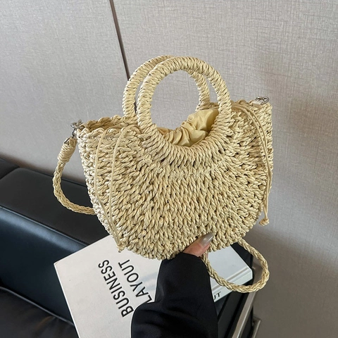 Borsa a Mano da Donna in Paglia Intrecciata a Mano Borsa a Tracolla da Spiaggia con Coulisse Stile Casual e Dolce