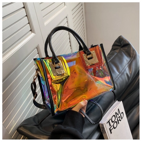 Fashion Laser Holographic Iridescent Transparent PVC Handbag Women Summer Jelly Shoulder Bag Crossbody Small Square Bag