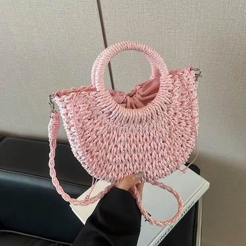 Borsa a Mano da Donna in Paglia Intrecciata a Mano Borsa a Tracolla da Spiaggia con Coulisse Stile Casual e Dolce