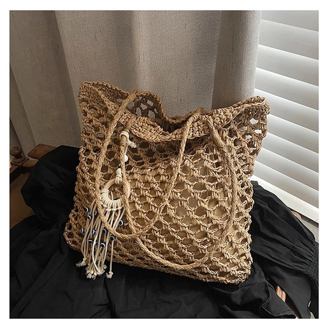 Damen Handgewebte Stroh Totebag Bohemian Hohlnetz Umhängetasche Mit Quaste Evil Eye Charm Sommer Strand Lässige Handtasche