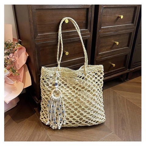 Damen Handgewebte Stroh Totebag Bohemian Hohlnetz Umhängetasche Mit Quaste Evil Eye Charm Sommer Strand Lässige Handtasche