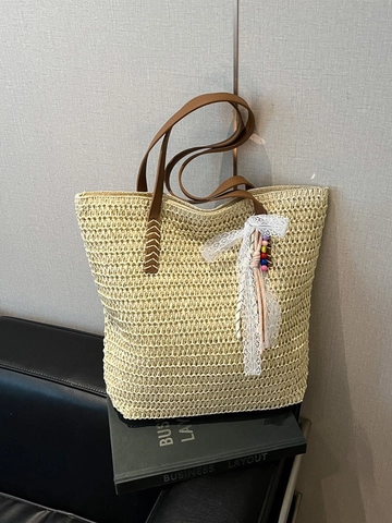 Damen Große Kapazität Stroh Gewebte Tote Bag Sommer Strand Urlaub Umhängetasche Mit Spitze Bogen Anhänger Boho Handgewebte Tasche