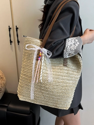 Damen Große Kapazität Stroh Gewebte Tote Bag Sommer Strand Urlaub Umhängetasche Mit Spitze Bogen Anhänger Boho Handgewebte Tasche