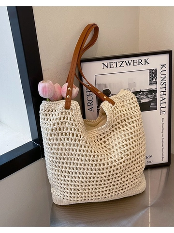 Borsa Tote in Paglia a Grande Capacità da Donna Borsa a Tracolla a Crochet Fatta a Mano Con Manico in Pelle Sintetica Borsa da Spiaggia