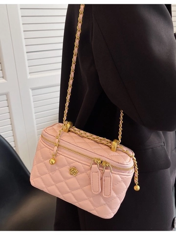 Quilted PU Leather Bucket Bag For Women Elegant Chain Crossbody Bag With Camellia Metal Decoration Small Fashion Box Purse