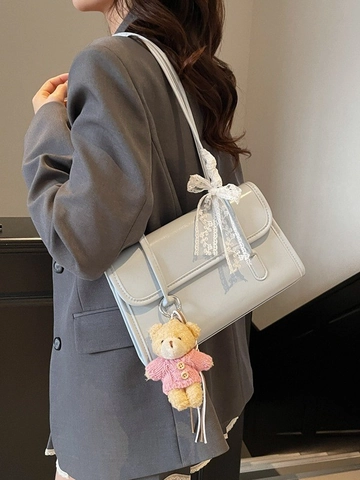 Women Korean Sweet PU Leather Underarm Shoulder Bag With Lace Bow Bear Pendant Large Capacity Flip Flap Daily Handbag