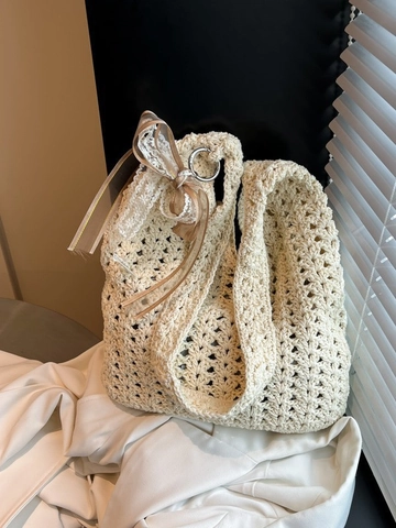 Handmade Crochet Hollow Out Tote Bag Women Woolen Yarn Shoulder Bag For Beach Vacation Casual Bohemian Hobo Handbag Travel Purse