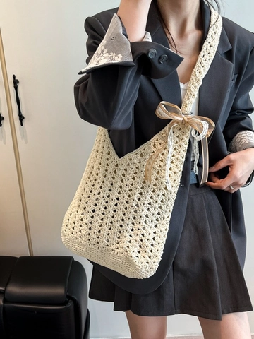 Handmade Crochet Hollow Out Tote Bag Women Woolen Yarn Shoulder Bag For Beach Vacation Casual Bohemian Hobo Handbag Travel Purse