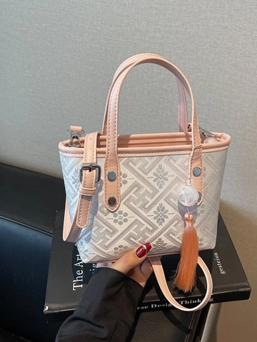 Vintage Chinese Style Mini Bucket Bag For Women Jacquard Embroidery Crossbody Bag With Tassel Charm Small Tote Handbag