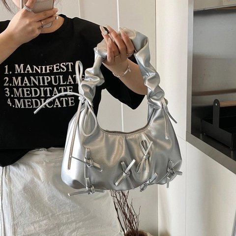 Borsa a Spalla da Donna in Pelle PU con Fiocco e Arricciature Borsa da Sottobraccio Vintage Pieghettata Tinta Unita Hobo Bag Moda