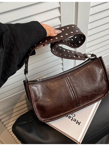 Vintage Rivet Shoulder Bag For Women Retro PU Leather Baguette Bag With Studded Wide Strap Fashion Small Square Crossbody Bag