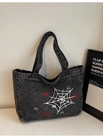 Borsa Tote in Denim Ricamata con Ragnatela Gotica per Donna Grande Capacità Borsa a Tracolla in Denim Lavato Retro Tema Halloween Streetwear
