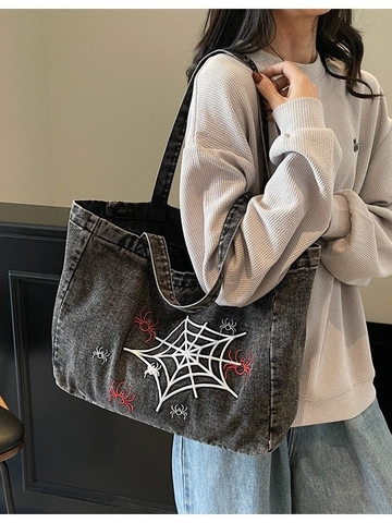 Borsa Tote in Denim Ricamata con Ragnatela Gotica per Donna Grande Capacità Borsa a Tracolla in Denim Lavato Retro Tema Halloween Streetwear
